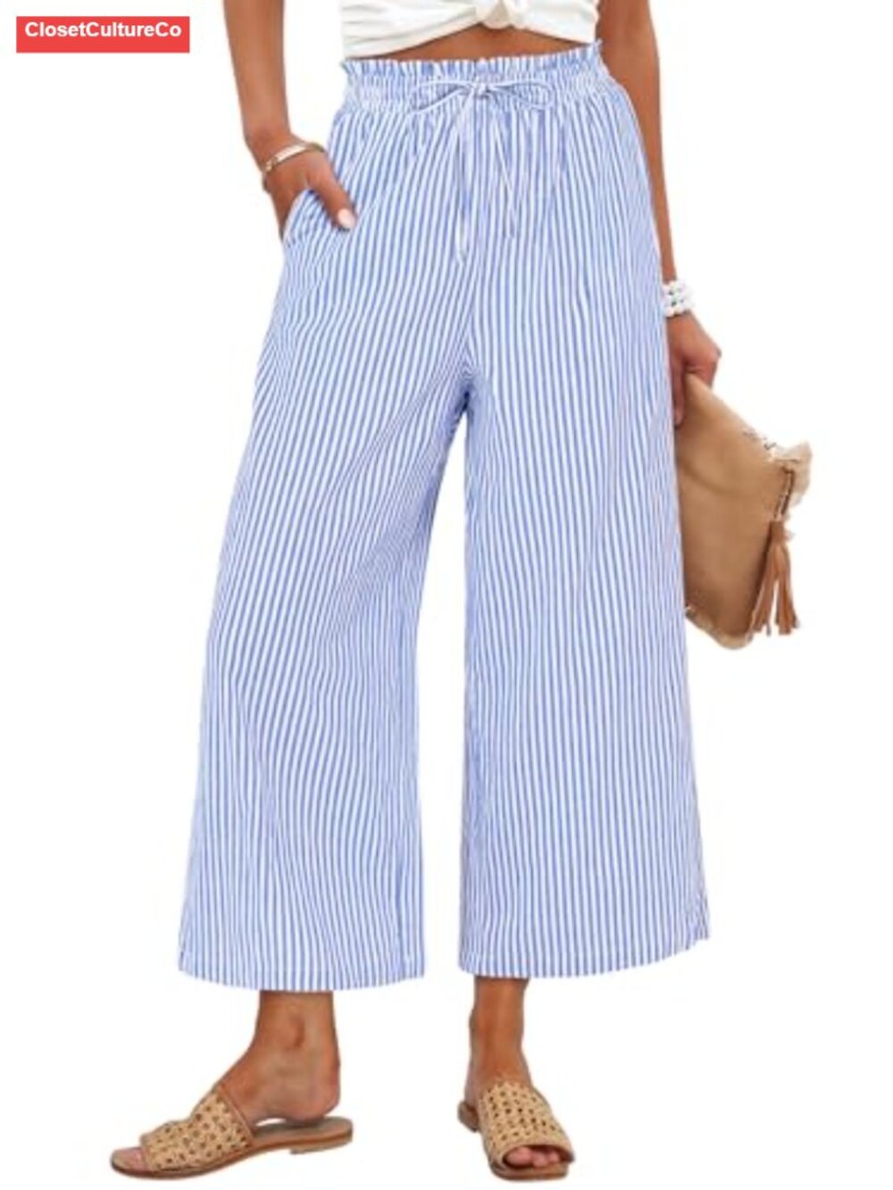 Womens Cropped Palazzo Pants Rayon Wide Leg Smocked Waist Pockets